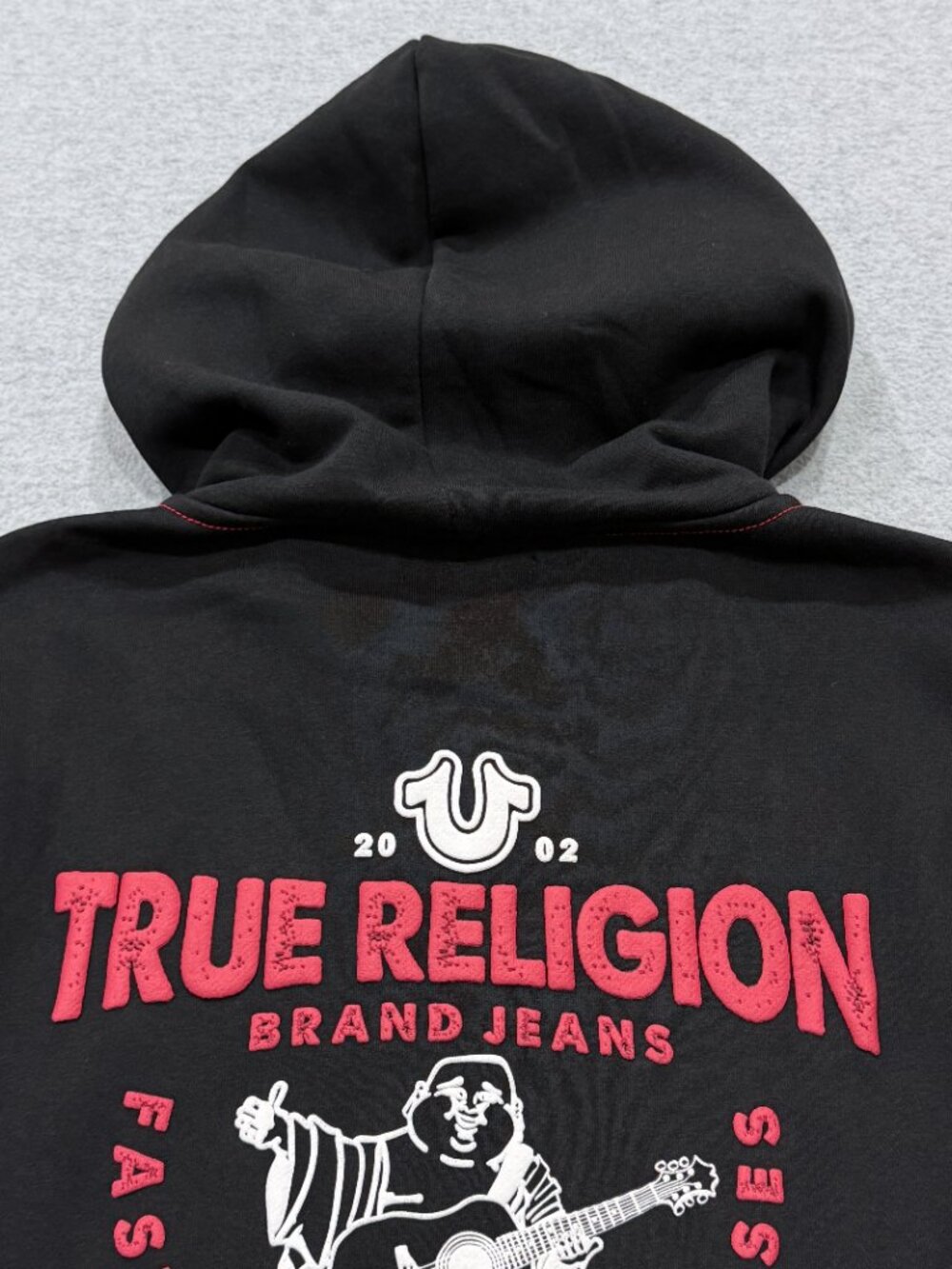 True Religion Mens TNL Puff Buddha Full Zip Hoodie Large L Black Red Stitch NWT - Picture 14 of 16